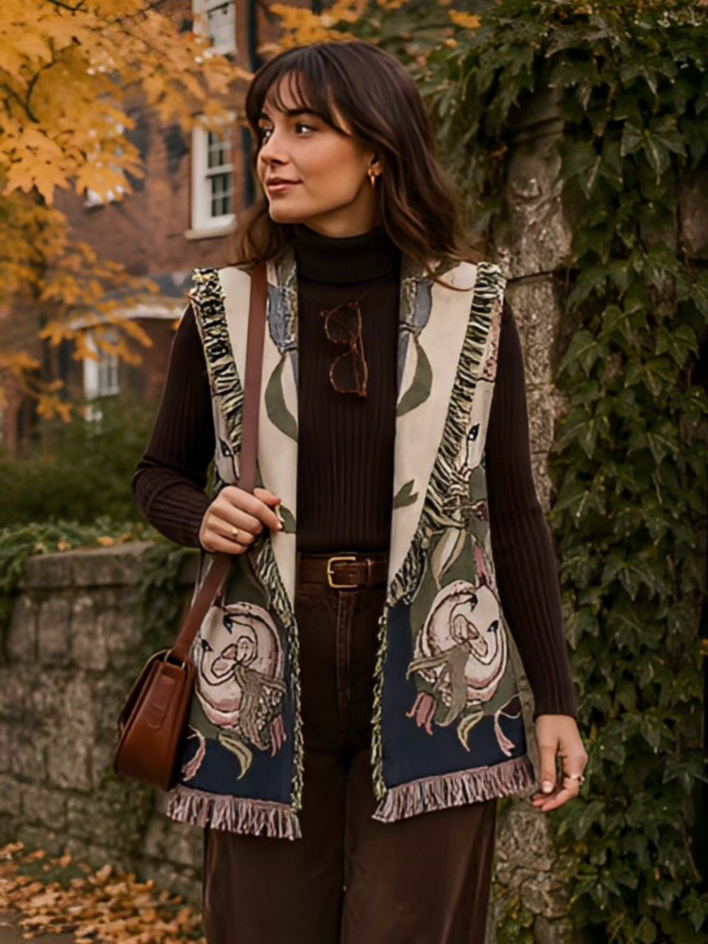 Sugar Street Weavers Rabbit Tulip Tapestry Fringe Vest M Cottagecore Folk Art - Picture 16 of 16